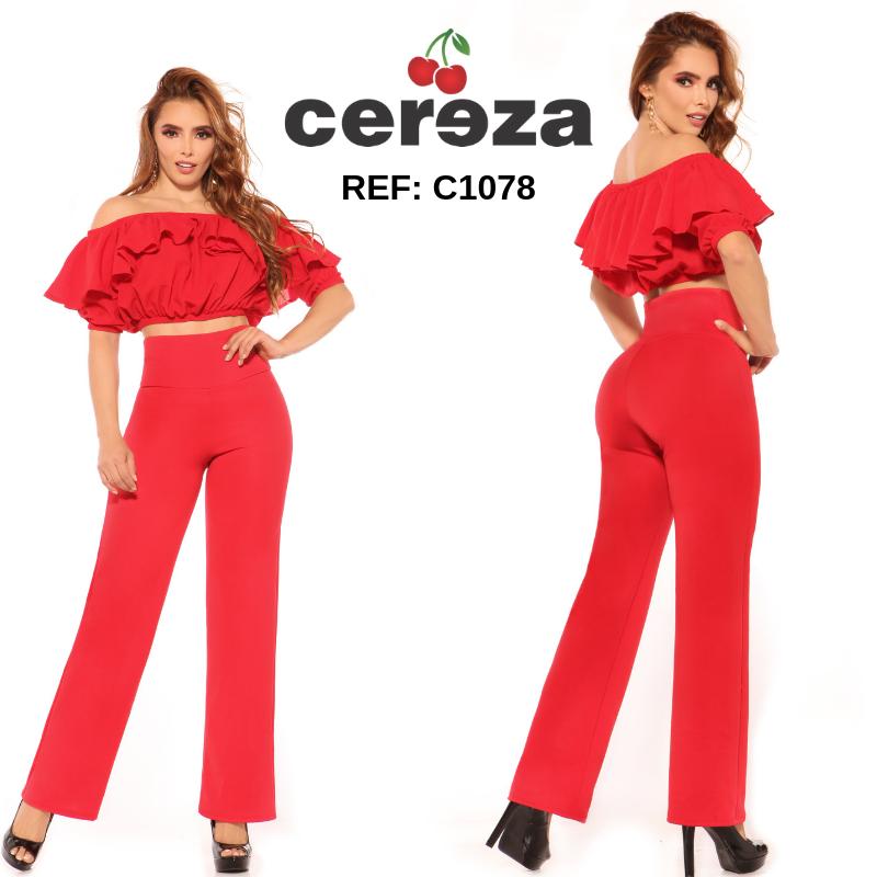 Hermoso Conjunto de Pantalón y Blusa para dama color rojo, con hombros descubiertos y pretina alta control de abdomen